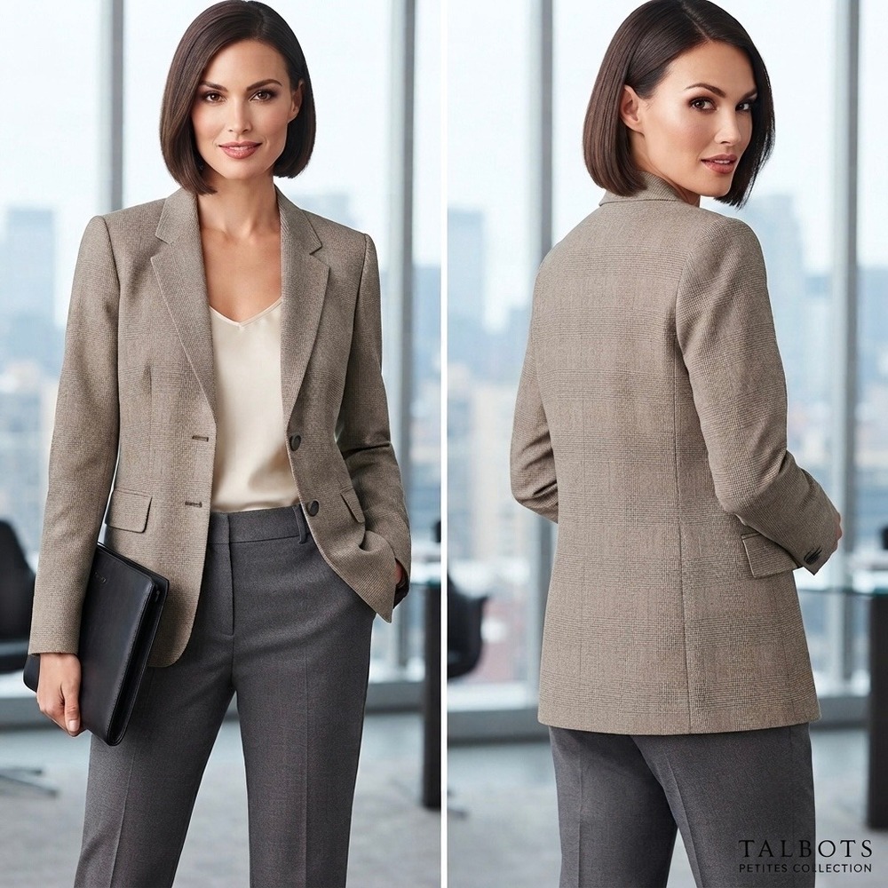 Talbots Petites Glen Plaid Blazer Tan Brown Wool Linen Blend Jacket Size 6P USA